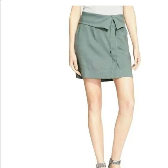 Vince Olive Linen Blend Fold Over Tie Waist Pocketed Mini Skirt. Size 0 EUC - Picture 1 of 8